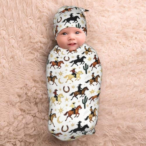 Image of Lcokin Vintage Western Baby Stuff Swaddle Blanket with Hat, Newborn Receiving Blanket Set
