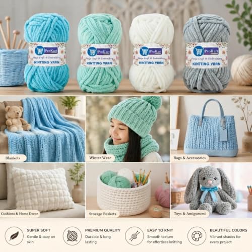 Image of ProKart - Blankie Plush & Cuddly Chenille Yarn for Knitting | Super Soft Velvet Pastel Yarn for Blankets, Baby Toys & DIY Crafts | 100g, Pack of 4 (Aqua Blue, Mint Green, Pure White, Silver)