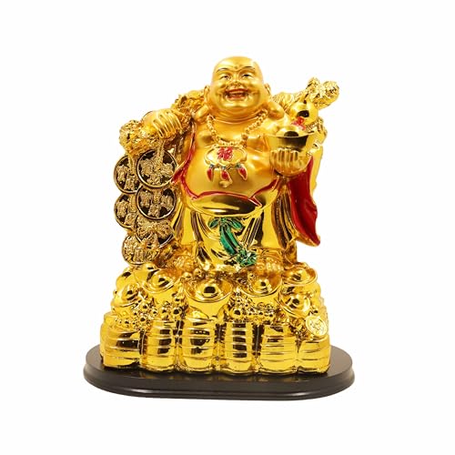 Image of Spillbox Resin Golden Happy man Statue|Laughing Buddha|Feng Shui|Show Piece|Gift Item |Vastu|Decorative Showpiece for Home Decor|Office Desk Table (Happy Man with 3 Coin Big)