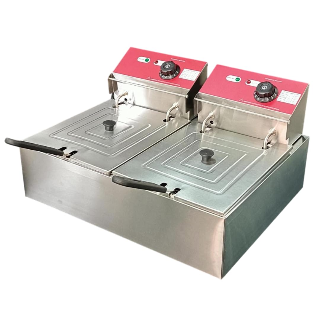 Shoppers Hub PNQ Electric Stainless Steel 8+8 Litres Gross (6+6 Litres Nett) Multipurpose Double Deep Fryer with Temperature Selection Feature for Heavy Duty Commercial Use in Restaurants-image-5