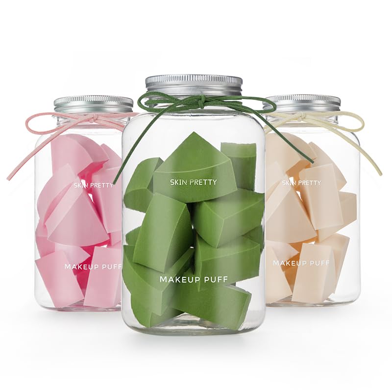 Thick, soft, scalloped makeup pouncer for easy wet or dry use, large beauty egg sponge for loose powder, concealer, foundation - Jar of 12