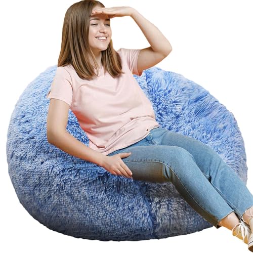 Image of Fluffy Bean Bag Chair, 3FT Round Memory Foam Filled Bean Bag for Teens & Kids, Ultra Soft Faux Fur Fabric Bean Bag Chairs for Playroom, Living Room, Bedroom, Blue
