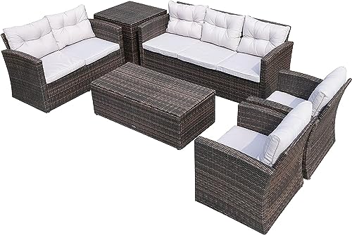 7seatpatiofurnituresetspewickerconversationsetsrattanallweatheroutdoorsectionalsofasetwithstorageboxcoffeetableandcushionsforpatiolawngardenbistroyardpoolbackyard Urban Country Home Decor 7 seat patio furniture sets pe wicker conversation sets rattan all weather outdoor sectional sofa set with storage box coffee table and cushions for patio lawn garden bistro yard pool backyard urban country home decor