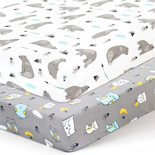 Stretchy Crib Sheets Set BROLEX 2 Pack Portable Crib Mattress Topper for Baby Boys Girls,Ultra Soft Jersey Knit,Owl & Bear