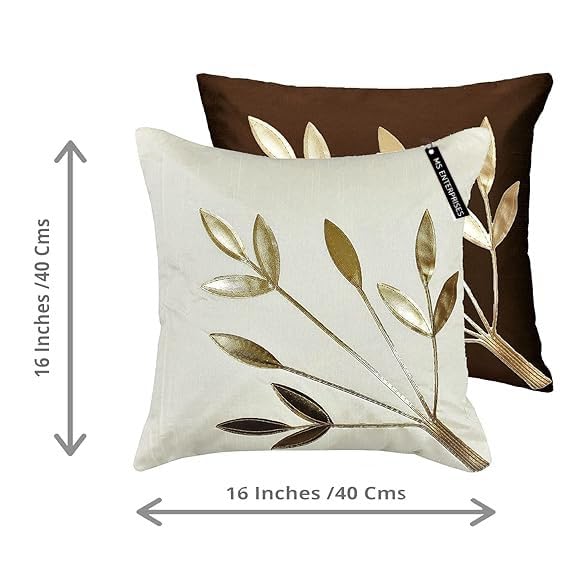 MSenterprises Decorative Cushion Cover with Zipper Set of 7 Leaf Design Throw Cover/Filler Cover/Case Cover for Sofa, Bedroom, Living Room, Kids Room 16x16 Inches (White & Brown) 4 51mXl72SfjL