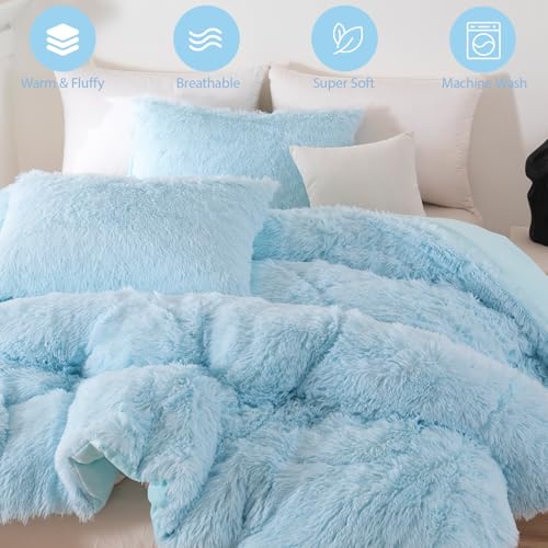 Image of Light Blue Fluffy Girls Comforter Set Twin Size 3 Pieces Faux Fur Plush Shaggy Bedding Set for Teen Girls Soft Warm Furry Velvet Kids Bed Sets (Light Blue, Twin)