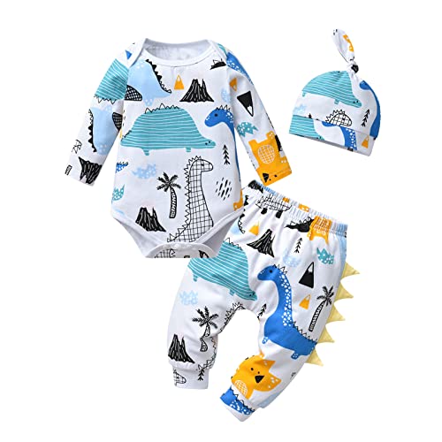 Image of Siracend Newborn Infant Baby Boy Clothes Print Long Sleeve Bodysuit + Pants + Hat 3 PCS Outfits Set