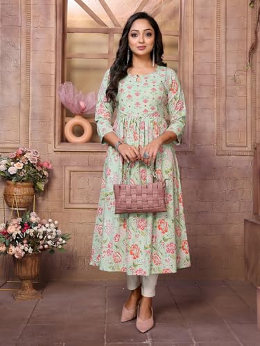 Image of rangita Women Rayon Regular Fit Calf Length Printed Anarkali Kurti | Kurta