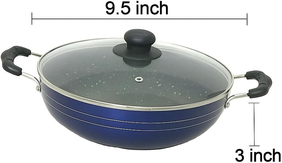 Deep Kadhai Induction Base Non-Stick Kadai with Glass Lid Non Stick Frying Pan Wok Flat Bottom Non Stick All Purpose Pan Non-Stick Aluminium Kadhai Deep Fry Pan (240mm) 2.2Ltr