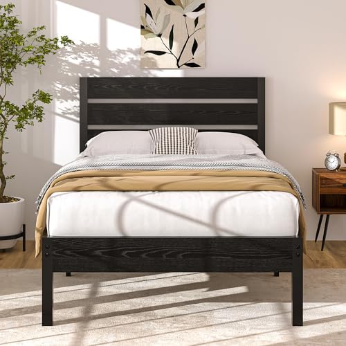 VECELO Estructura de Cama de 90 x 200 cm, Cama de Metal con cabecero de Madera Gruesa y somier, Cama Doble con Espacio de Almacenamiento Debajo de la Cama, Dormitorio, Color Negro