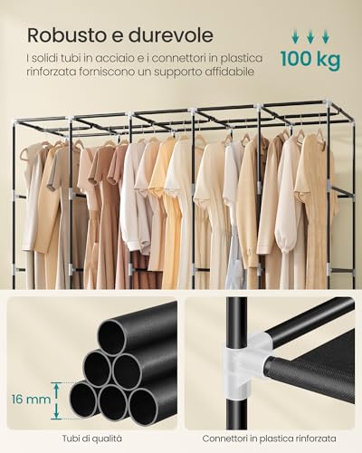 SONGMICS Guardaroba, Armadio Portatile, 5 Barre Appendiabiti, Ripiani, 4 Tasche Laterali, 45 x 211 x 167 cm, Grande Capienza per Camera da Letto, Soggiorno, Nero Inchiostro RYG095B01 - Immagine 3