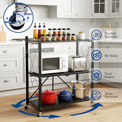 Image of 3 Tier Foldable Storage Shelves with Wheels, Metal Collapsible Organization Storage Rack, No Assembly Folding Bookshelf, Rolling Storage Rack for Kitchen, Bedroom, Pantry, Garage, Display, Black