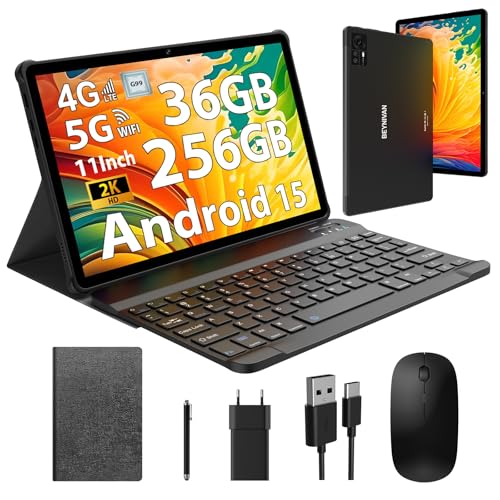 BEYNIVAN Tablette 11 Pouces Android 15 tablettes tactiles Con 4G LTE /5G WiFi, 36GB RAM+256GB ROM,9580mAh,Face ID,TÜV,GMS,GPS,BT5,Tablette avec Clavier...