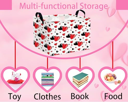 Image of Valentines Day Basket for Kids Heart Shaped Empty Storage Bins for Gifts with Handles Room Decor (Red Black Double Love)