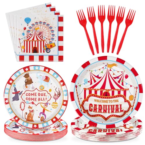 Grencian 96Pcs Carnival Party Decorations Carnival Circus Plates and Napkins Disposable Circus Theme Birthday Paper Tableware Set for Birthday Baby Shower Party Supplies, Serves 24