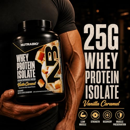 Image of NutraBio 100% Whey Protein Isolate Protein Powder, 25g Protein with Complete Amino Acid Profile, Non-GMO, Soy & Gluten Free, Low Carb, Low Calorie Whey Protein Powder, Vanilla Caramel, 20 Servings