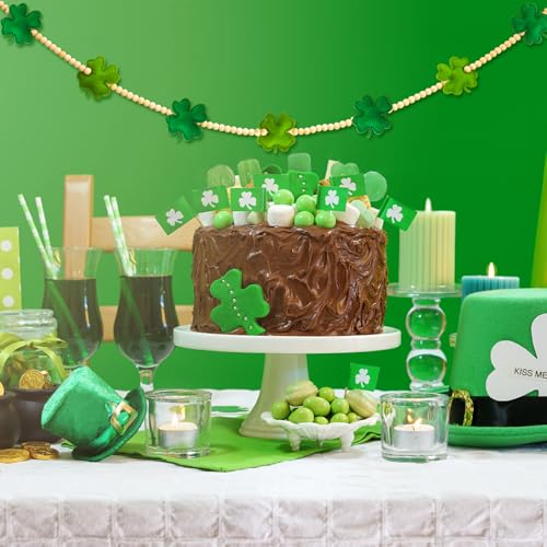 Image of St Patricks Day Garland, 3D Felt St Patricks Shamrock Banner with Wooden Beads for St Patricks Day Decor Irish Hanging Bunting Garland for St. Patrick's Day Home Mantel Wall Decor