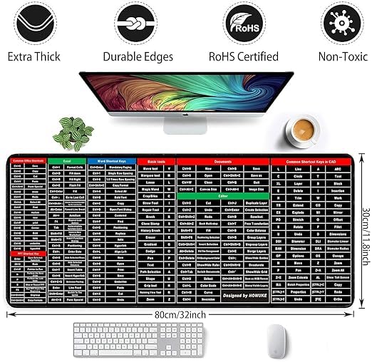 Image of Anti-Slip Keyboard Pad with Office Software Shortcuts Pattern, Clear Extended Large Cheat Sheet Mouse Pad, Large Rubber Base Mice Smooth Cloth Desk Mat(80x30cm)