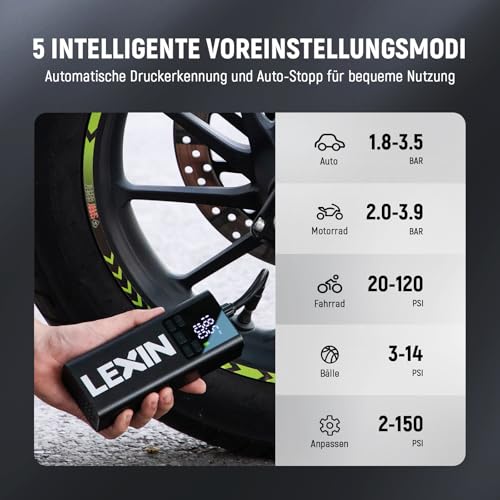LEXIN P5 Elektrische Luftpumpe, Akku Kompressor 5000 mAh, 10,3 Bar Tragbare Reifenpumpe für Fahrrad, Roller, Motorrad, Auto, Rollstuhl… – Ansicht 2