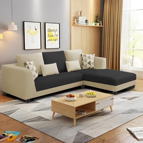 Image of Galib RHS 4 Seater L Shape Sofa Set for Living Room (Cream Black Fabric) Premium Fabric Sofa