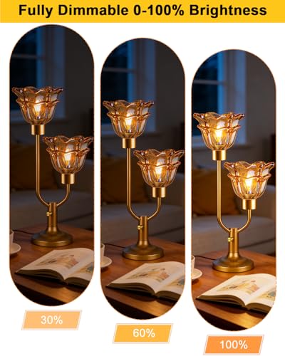 Image of Lightdot Mid Century Modern Flower Gold Table Lamp Vintage Gift Dimmable | Nightstand Lamp Amber Glass Desk Lamp 2 Bulbs Included Warmwhite Ambient Bedside Lamp for Living Room Bedroom Home Decor Gift