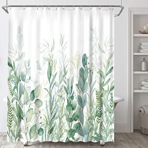 Aoke Green Floral Shower Curtain, Waterproof Fabric Watercolor Eucalyptus Plant Leaves Shower Curtains Set Bathroom Decor For Bathtubs With 12 Hooks, Weighted Hem, Durable, Washable #TOP7