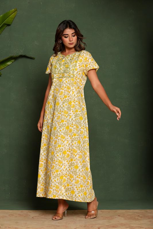 Image of NIHSAMAH Cotton Nighty for Women - Embroidered & Printed Stylish Night Gown, Comfortable Sleepwear Long Nightwear, Maxi