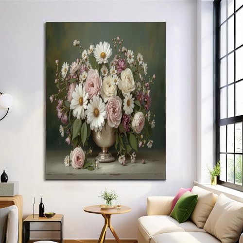 Composition florale de style vintage sur toile rose et blanc | Déco murale 70x100cm