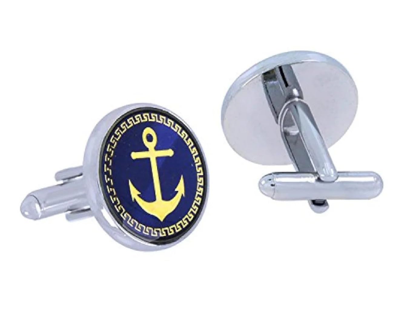FashMade Men's Nautical Anchor Cufflinks – Navy Blue Enamel with Gold-Tone Anchor & Greek Key Border – Premium Formal Accessory Gift Set-image-46