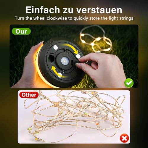 Camping Lichterkette Aufrollbar und Wasserdicht mit 8 Beleuchtungsmodi, Tragbare Wiederaufladbare LED Lichterkette Für Zelt Camping, Festival Zubehör, Deko Garten, Lichterkette Innen(10M)