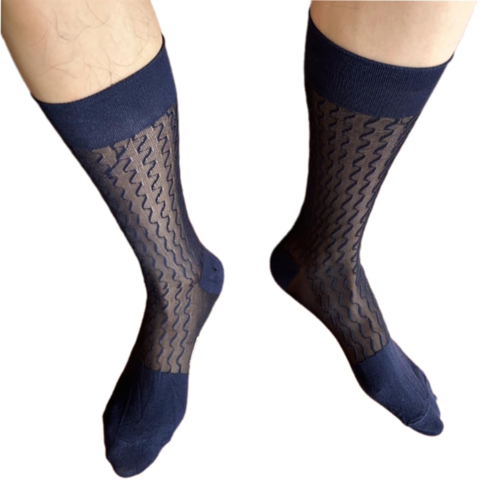 Gmbylby Men's Tibet T Lightweight Sheer Nylon Formal Dress Socks With Waved Striped Pattern Business Suit Calf For