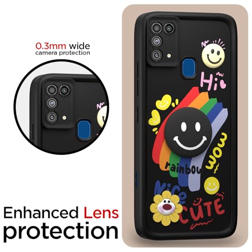 Image of Pikkme Back Cover for Samsung Galaxy M31 / M31 Prime / F41 | Soft Silicone| Cute Rainbow Smile & 3D Cartoon Flower Design | Shockproof Raised Camera Protection Bumper Case (Black)