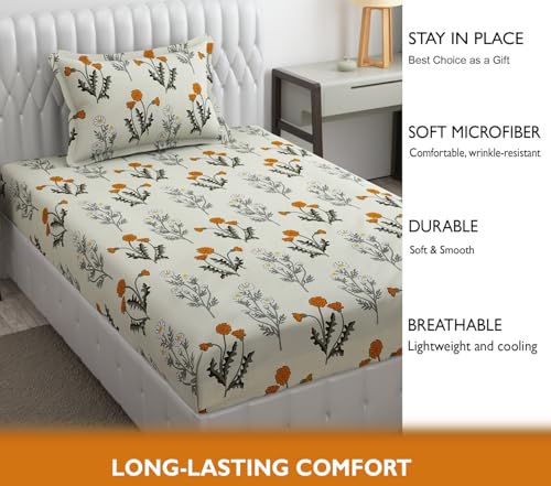 Image of FRESH FROM LOOM Single Bed Microfiber Bedsheet with Floral Print - 240 TC, Hypoallergenic, Includes 1 Pillow Covers (60 x 90 inch), Multicolor