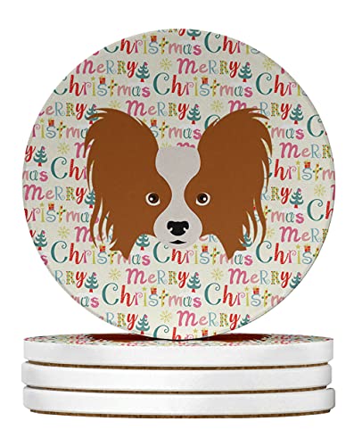 Caroline's Treasures Papillon Merry Christmas Large Sandstone Coasters Pack of 4 Absorbent Round Coasters Decor Gifts for Men or Women, 4 in, Multicolor
