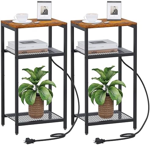 Yifeel Tall Side Table with Charging Station, End Table Set of 2, 3 Tier Telephone Table, Small Table, Night Stand for Small Spaces, Living Room, Bedroom, Rustic Brown and Black JET001CSR2