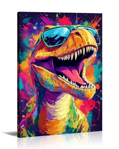 Dinosaur Canvas Wall Art Graffiti Wall Decor Framed Funny Dinosaur with Glasses Picture Modern Pop Painting Prints for Living Room Bedroom Home Office Ready to Hang - 12.00"x18.00"