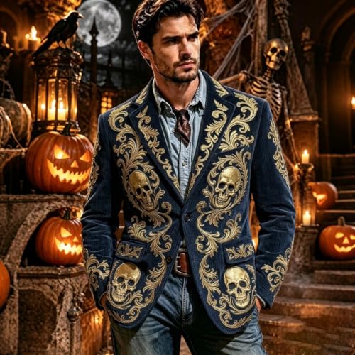 Men Halloween Corduroy Blazer Jacket Gothic Skull Floral Pattern Outwear - image 3