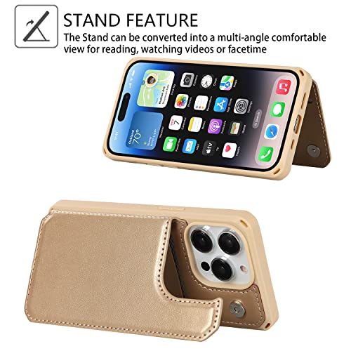 Image of Cavor for iPhone 14 Pro Wallet Case with Card Holder for Women Men,Phone Case for iPhone 14 pro with Stand Credit Card Holder, Leather Strap Shockproof Cover- Golden