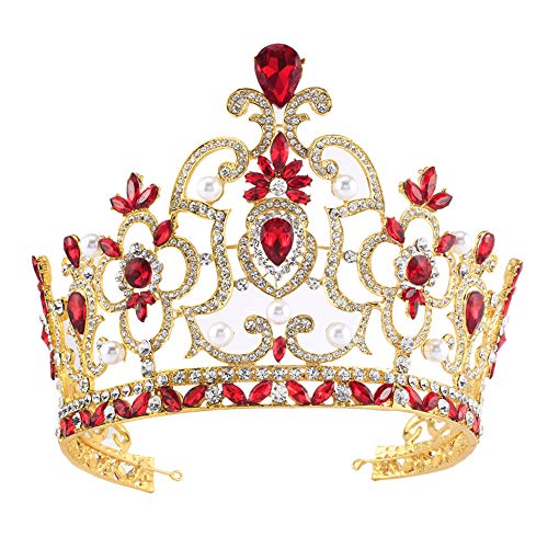 Baroque Large Tiaras Pageant Crowns Headdress Crystal Headband Diadem Prom Party Hair Jewelry Wedding accessories (gold red)