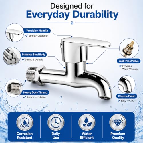 Image of Stainless Steel Long Body Bib Cock Water Tap for Bathroom & Kitchen - Chrome Finish Wall Mounted Bibcock Tap Faucet with Leak-Proof Valve & Water-Saving Aerator (Silver, 4 x 4 Inches)