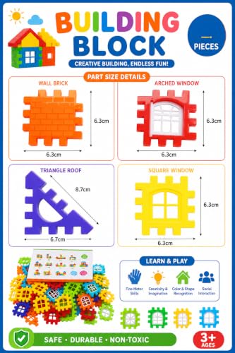 Image of House Building Block (72 Pcs Block+20 Pcs Window),Big Size 65 * 65 * 9 MM Square & 85 * 65 * 9 MM Triangle Shape. Kids Improve construcation Skill