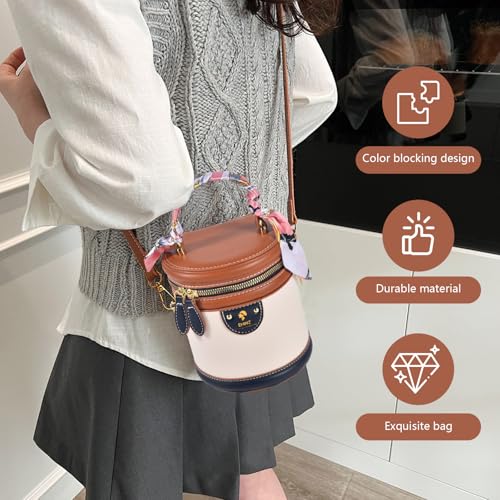 2025 Colorblock Bucket Bag for Women,Retro Crossbody Bags for Women Female PU Leather Color Contrast Cylinder4