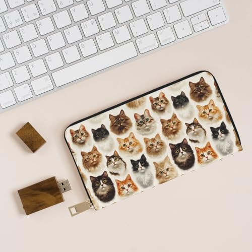 Leather Thin Slim Wallets for Women Men - Fashion Cute Cat Face 1 Print Card Wallet Holder with Zipper4