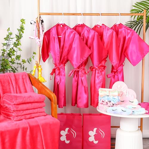 Bonuci 36 Pcs Spa Party Supplies for Girls Birthday 6 Set Sleepover Party Satin Robes 6 Slumber Throw Blankets Kids Kit Pack4