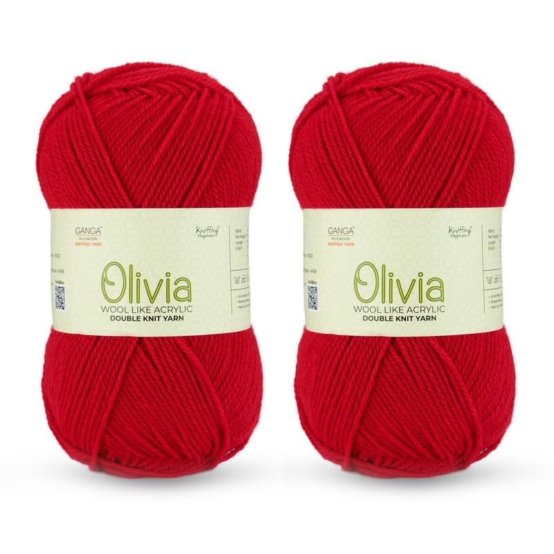 Image of Ganga Acrowools Acrylic Olivia, Double Knit Yarn. Hand Knitting and Crochet Yarn. Oekotex Class 1 Certified. Pack of 2 Balls - 100Gms Each.Shade No -OLV052 Bright Red