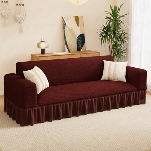 Image of Lukzer 1 Seater Jacquard Sofa Cover with 360 Frill Skirt - Pastel Deep Maroon Grid Maze | 240 GSM Stretchable Anti-Slip Fully Covered Universal Couch Cover for Living Room (90-140CM /SC-109-01F)