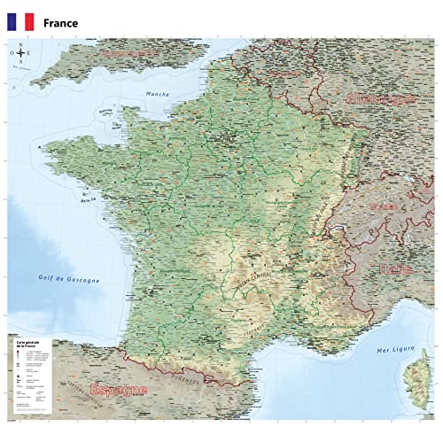 GeoMetro Carte générale de la France en français de 100 x 100 cm avec plastification sur les deux faces