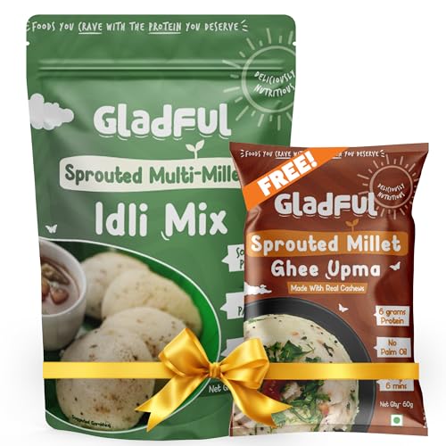 Gladful Multi Millet Idli Mix Combo | Get Ghee Millet Upma FREE | 400g + 60g | No Palm Oil | No Trans fat | Healthy Breakfast Instant Mix | Multigrain Protein | Made with Jawar, Ragi and Suji/Rawa, Ghee & Cashew