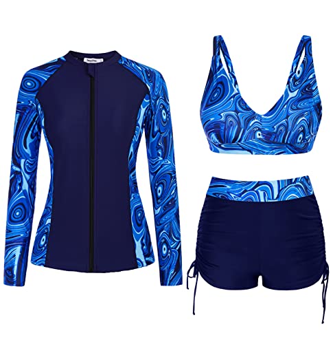 JASAMBAC Women 3 Piece Rash Guard Long Sleeve Zip Up Swimsuits with Boyshort UV UPF 50+ Swim Shirt Built in Bra