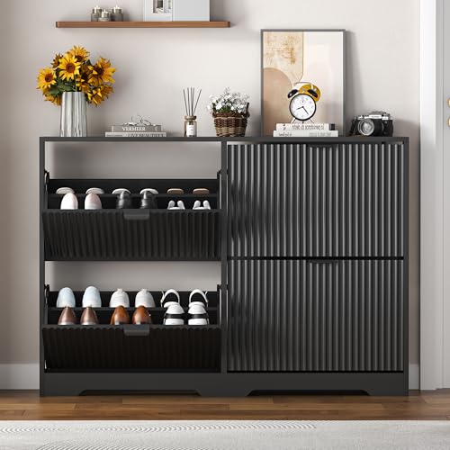 Image of HUANLEGO Shoe Cabinet Storage for Entryway with 4 Flip Drawers, Black Fluted Shoe Cabinet with Adjustable Shelves, Wooden Hidden Shoe Rack Freestanding Narrow Slim Shoes Storage for Hallway, Entrance